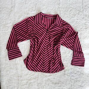 Y2K Pink and Black Striped Zipper Blouse.